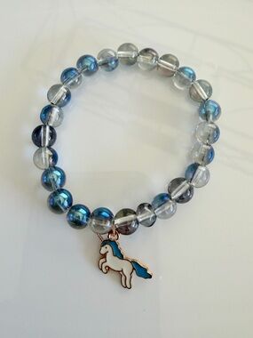 Blue Glass Bead Bracelet with Unicorn Charm